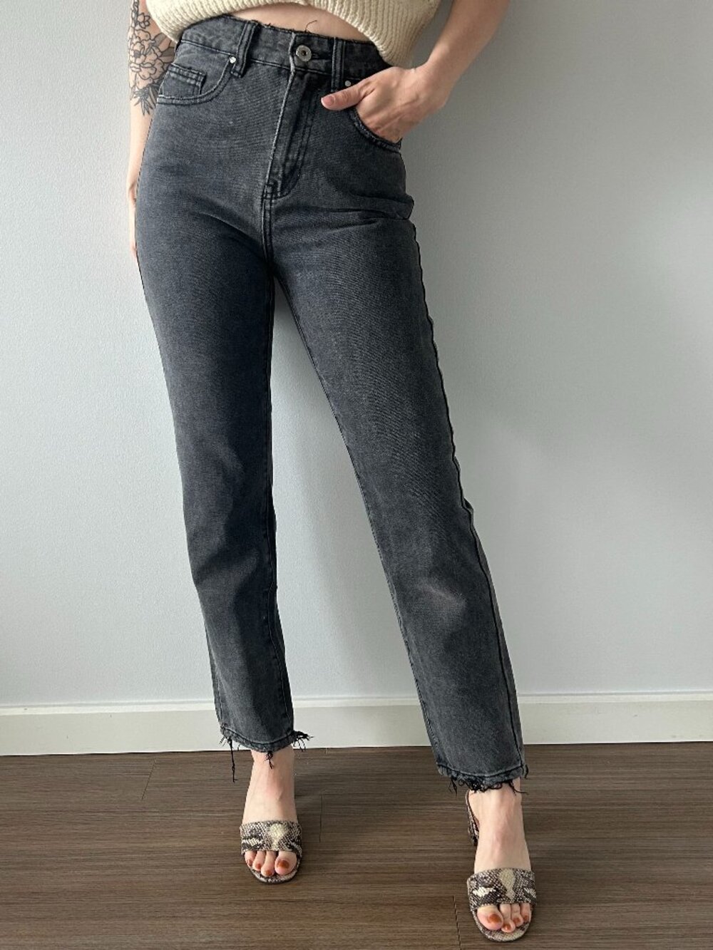 Cotton On 91 Black High Rise Straight Leg Jeans with Raw Hem